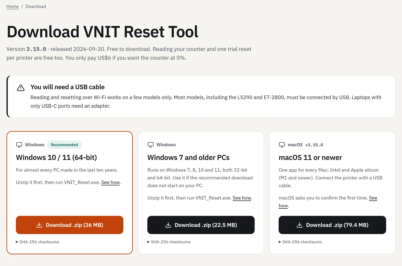 The vnitreset.com download page with the Windows 10/11, Windows 7 and macOS downloads