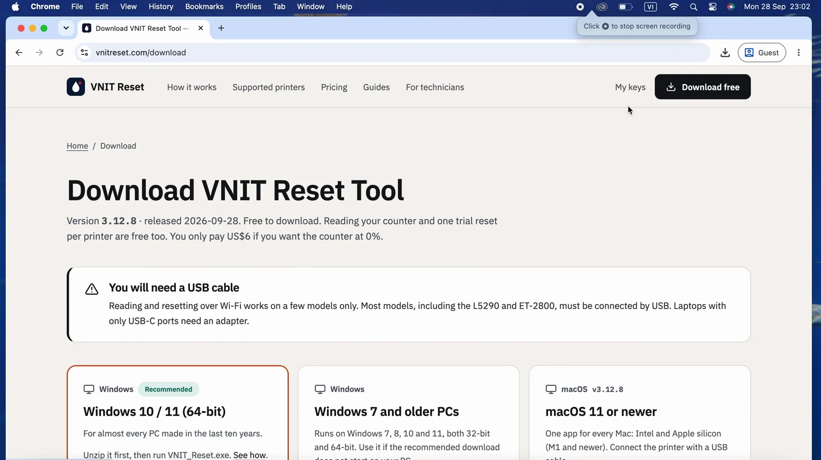 The vnitreset.com download page, with the Windows and macOS versions