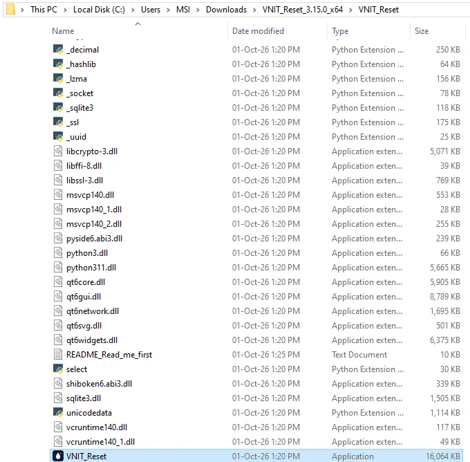 The unzipped VNIT_Reset folder in Windows Explorer, with VNIT_Reset.exe selected among the library files
