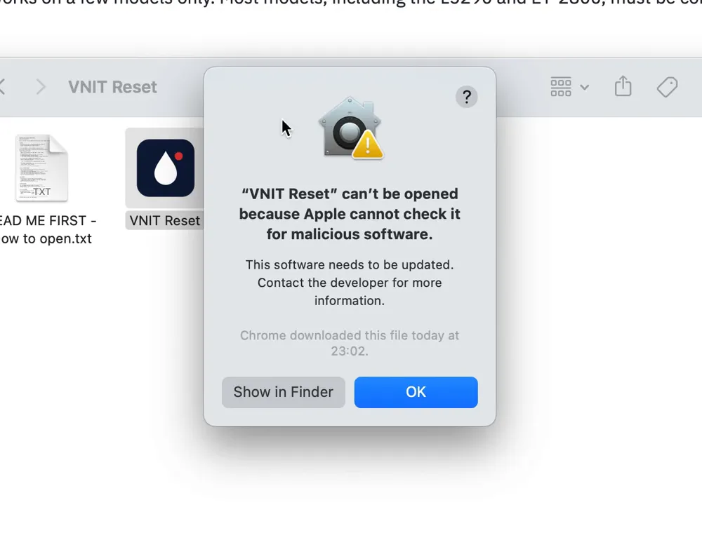 macOS warning: VNIT Reset can’t be opened because Apple cannot check it for malicious software