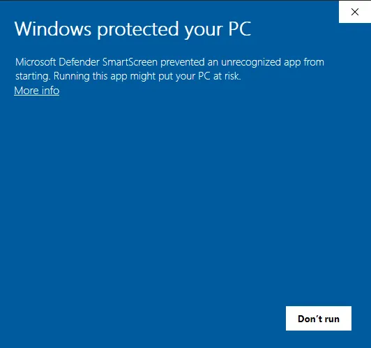 Microsoft Defender SmartScreen: Windows protected your PC, with the More info link
