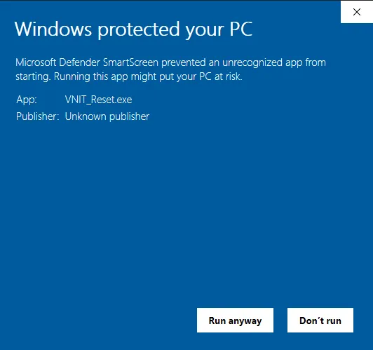 After More info: App VNIT_Reset.exe, Publisher Unknown publisher, with the Run anyway button
