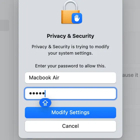 macOS asks for the Mac password to allow the change