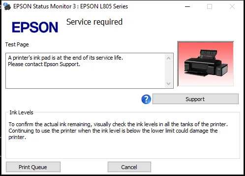 Epson Status Monitor on Windows: Service required, a printer’s ink pad is at the end of its service life