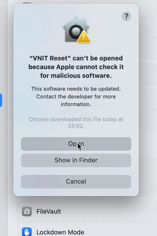 Last warning with the Open button