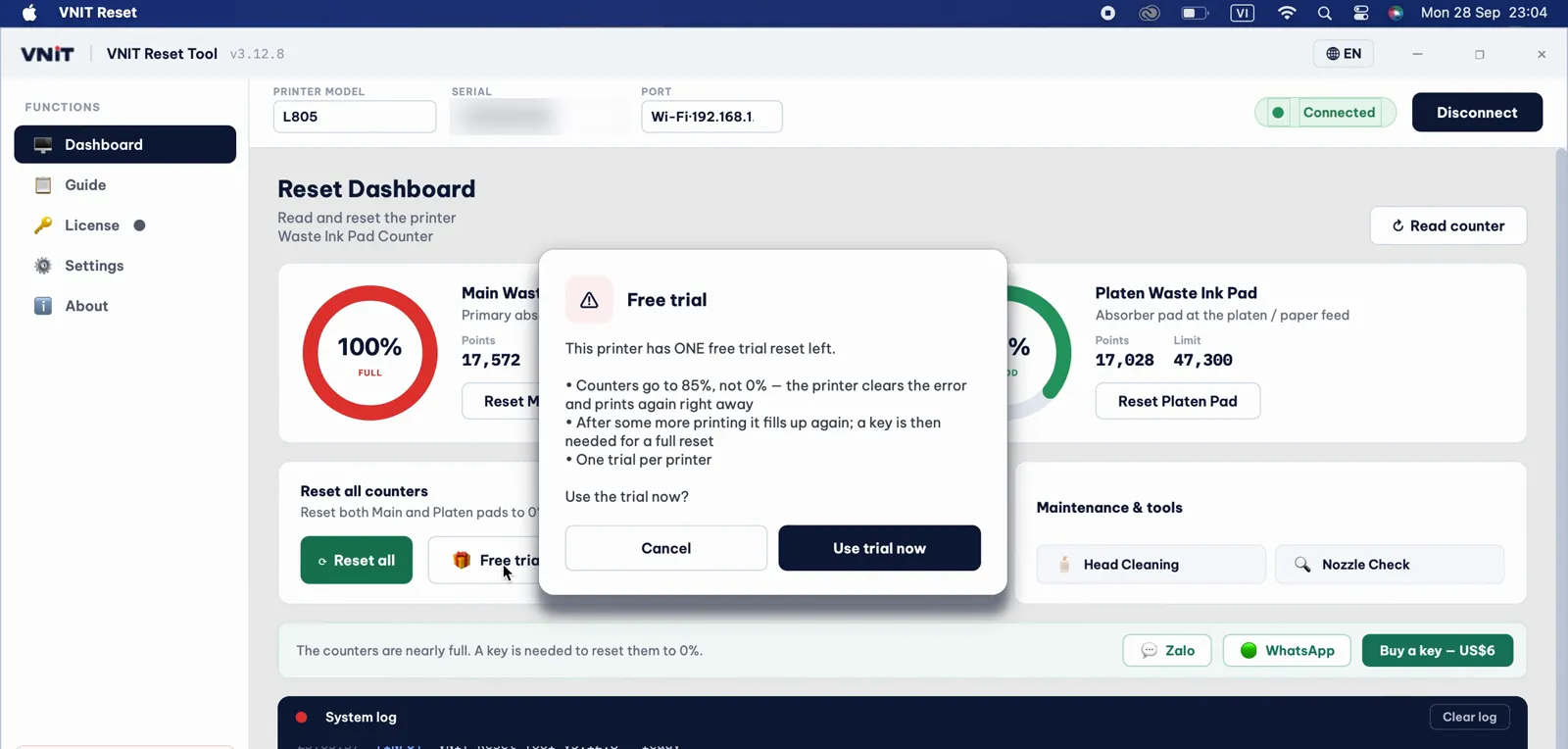 The Free trial box: one free trial per printer, counters go to 85%