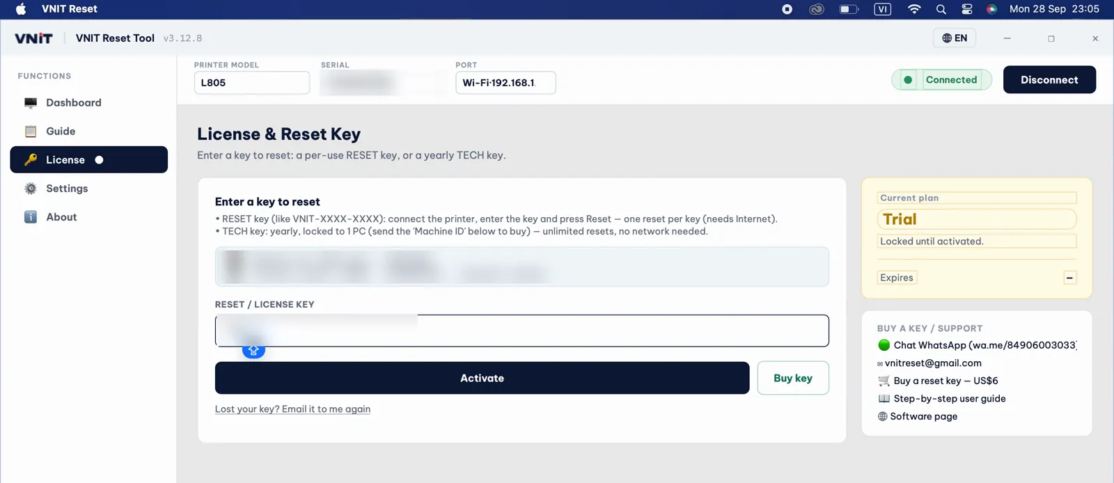 License screen: paste the reset key and press Activate (key hidden in this screenshot)