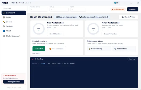 VNIT Reset Tool 3.17.0 Dashboard before a printer is connected: model, serial and port empty, status Disconnected, gauges blank