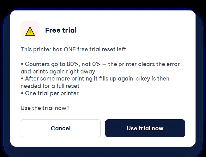 VNIT Reset Tool free trial box: this printer has one free trial reset left, counters go to 80%, not 0%, with Cancel and Use trial now buttons
