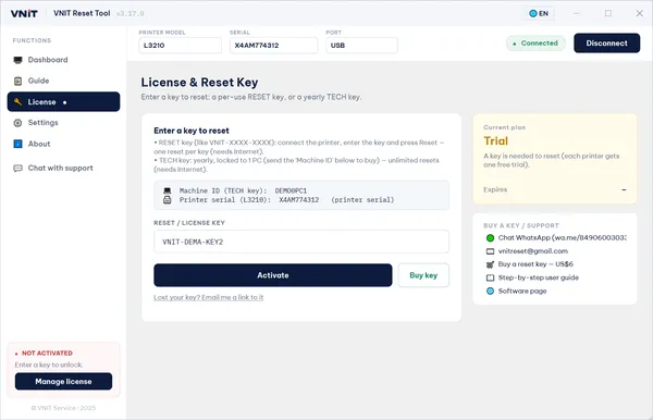 VNIT Reset Tool 3.17.0 License screen on Windows: an example key pasted in the RESET / LICENSE KEY box above the Activate button