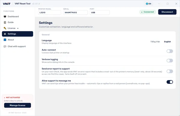 VNIT Reset Tool 3.17.0 Settings screen: Language, Auto-connect, Verbose logging, Send error report to support and Allow support to message me