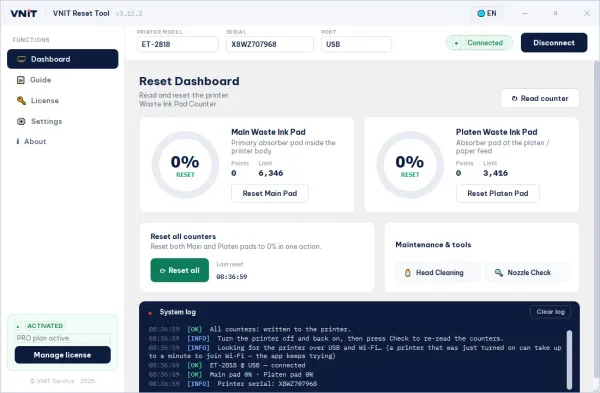 VNIT Reset Tool after resetting an Epson ET-2818, all waste ink counters at 0%