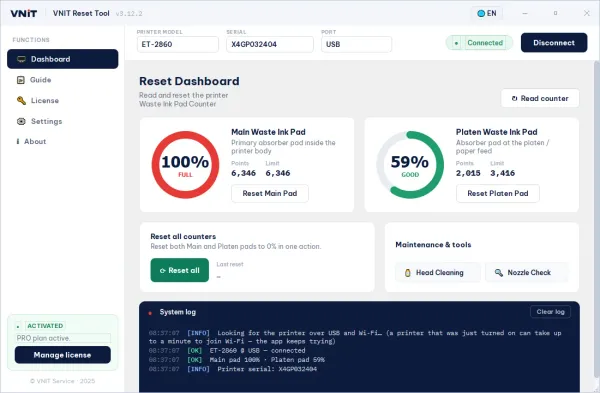 VNIT Reset Tool connected to an Epson ET-2860, main waste ink pad counter at 100% before the reset
