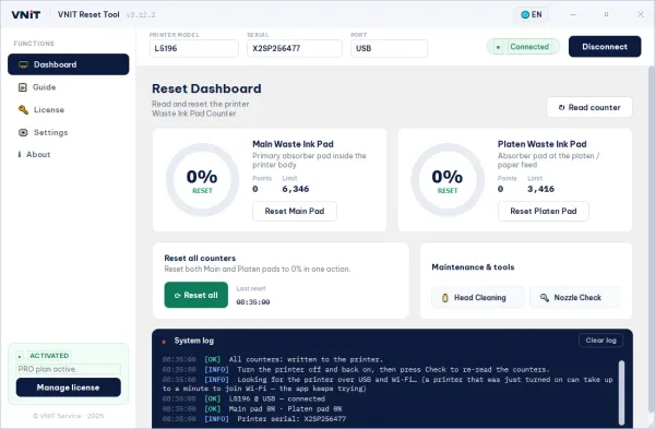 VNIT Reset Tool after resetting an Epson L5196, all waste ink counters at 0%